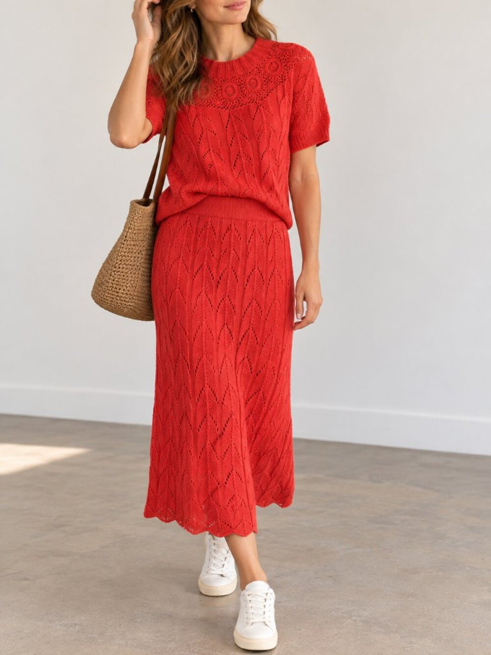 Vtg 70s 80s Henru Red Pointelle Knit Set Crochet Lace Yoke Top Skirt Two Piece